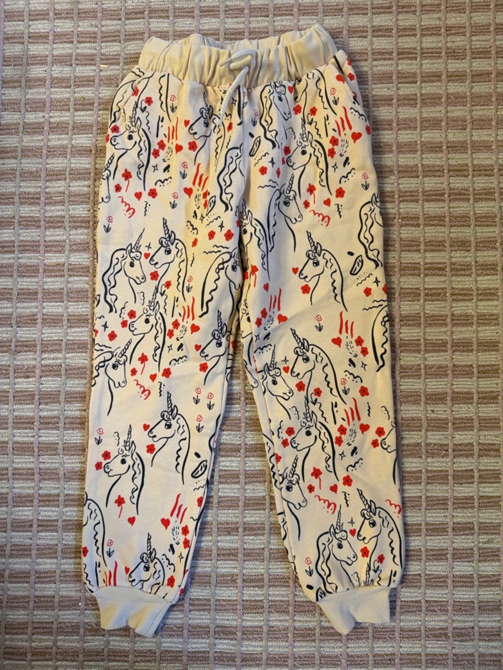 Mini Rodini Cream Pajama Bottoms with Navy Unicorns and Red Hearts